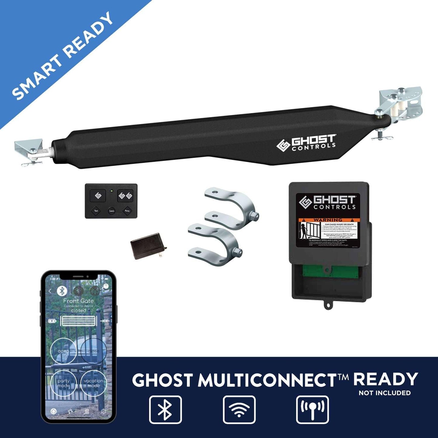 Ghost Controls Decorative Single Solar Automatic Gate Opener Smart Bundle with 30w Solar Panel and MultiConnect
