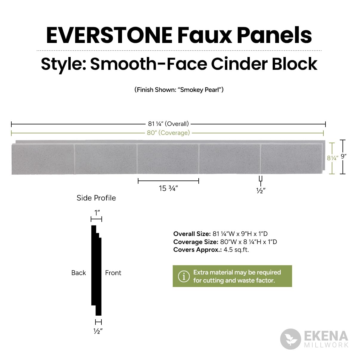 EverStone Smooth-Face Cinder Block Faux Concrete Panel, 81 1/4"W x 9"H x 1"D, Umber