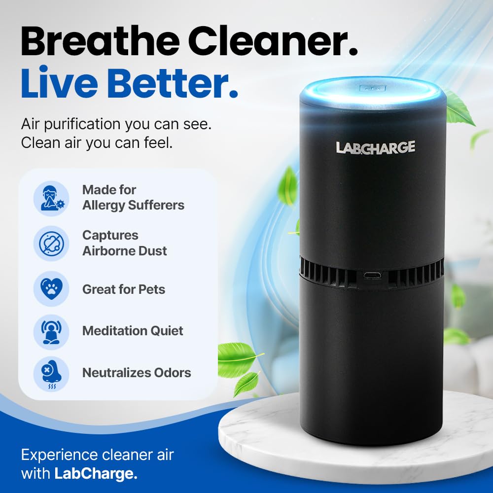 Lab Charge Small Ionic Air Purifier for Home & Bedroom – Silent HEPA Filter – Covers 250 Sq Ft - Free Cleaner – Compact & Black Design - Pack of 4