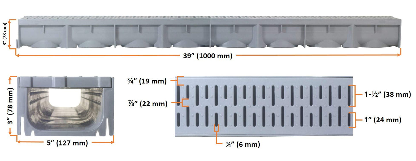 URA WATER Model UA-100 - Drainage Trench Set - Channel Drain With Grate - Gray Plastic Plastic - 3 x 39" - (117" Total Length)