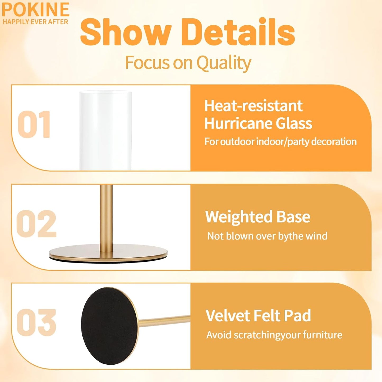 POKINE Tall Candle Holders - Set of 3 Hurricane Glass Taper Holders for Weddings & Parties
