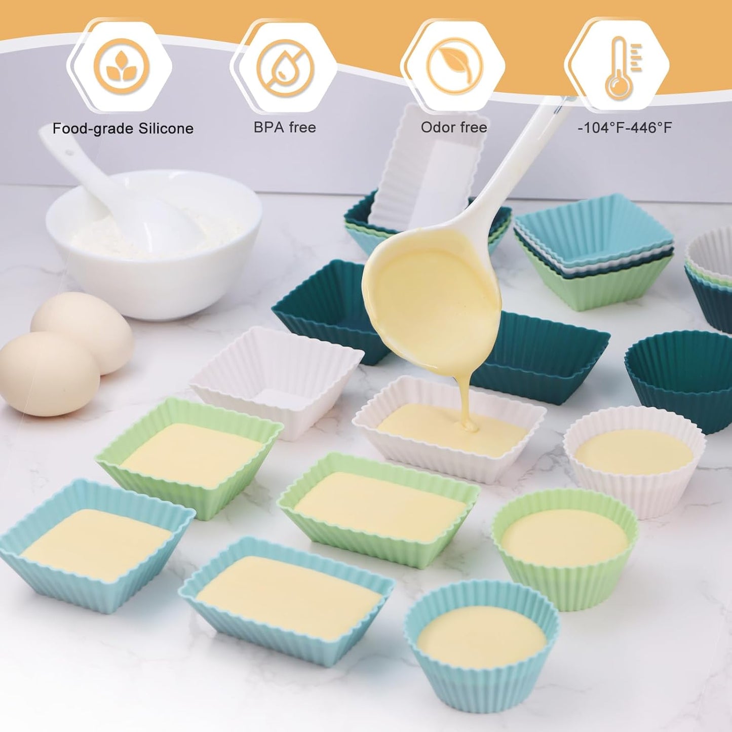 Skiennix Silicone Muffin Cups - 24-Pack Reusable Cupcake Liners in Neutral Colors | Round, Square & Rectangular