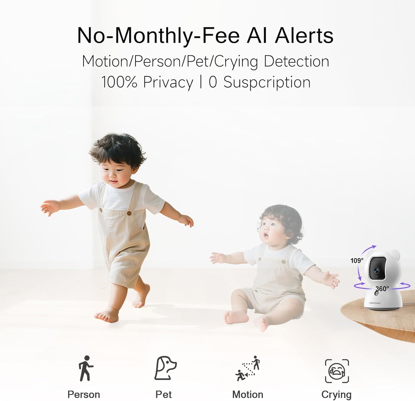 CINMOORE 2.5K 2pack, 4MP 2.4GHz 2-Way Indoor Camera Non-Subscription AI Person/Pet/Cry Detection, Pet/Dog/Cat/Baby