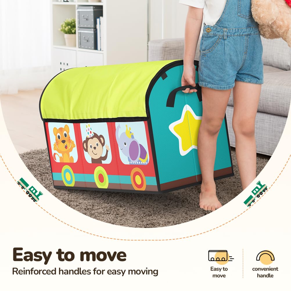 YOHOOLYO Toy Storage Organizer for Kids, 28.3x12.6x17.3 Large Sturdy Flip-Top Toy Box with Fabric Lid & Handles, Cute Train Design Toy Chest Bin Box Baskets for Playroom, Nursery, Boys, Girls