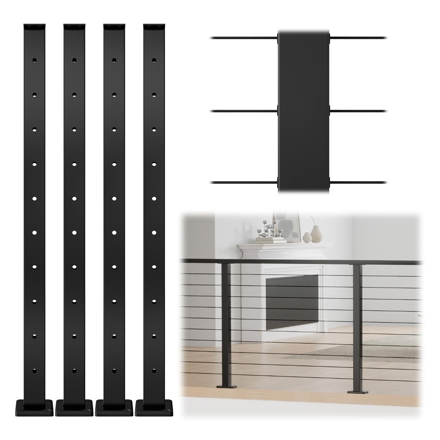 Muzata 4Pack Black Cable Railing Post 36 Inch 36"x2"x2" Level Drilled Surface Mount T304 Stainless Steel Cable Railing System Kit Indoor Outdoor with Paper User Guide PS02 BH4S