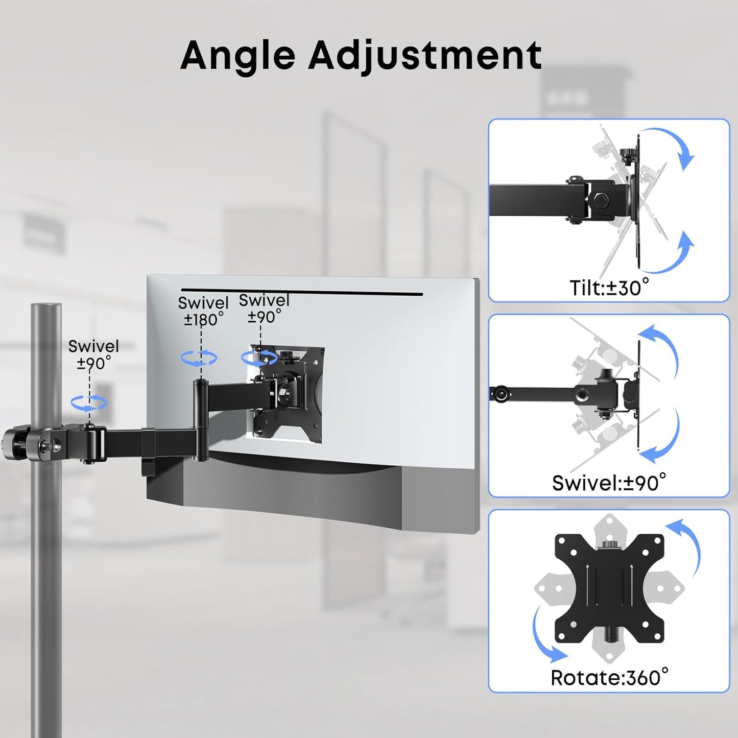 WORLDLIFT 17"-32" 17.6 lbs 75x75 100x100 Pole Mount Monitor Arm Easy Clamp-on VESA Mount for Screens Supports up