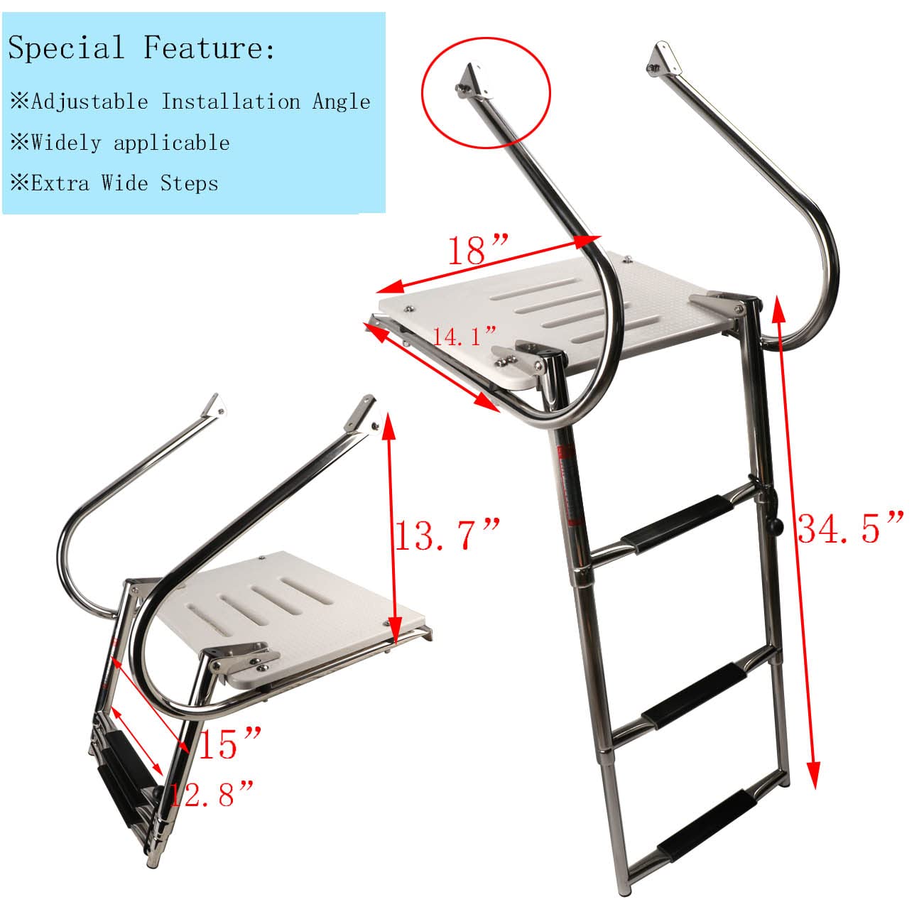 FUTURUP Boat Universal Swim Fiberglass Platform Under Mount Telescopic Ladder with 2 Handrails, 3 Step in/Outboard (Adjustable Installation Angle)