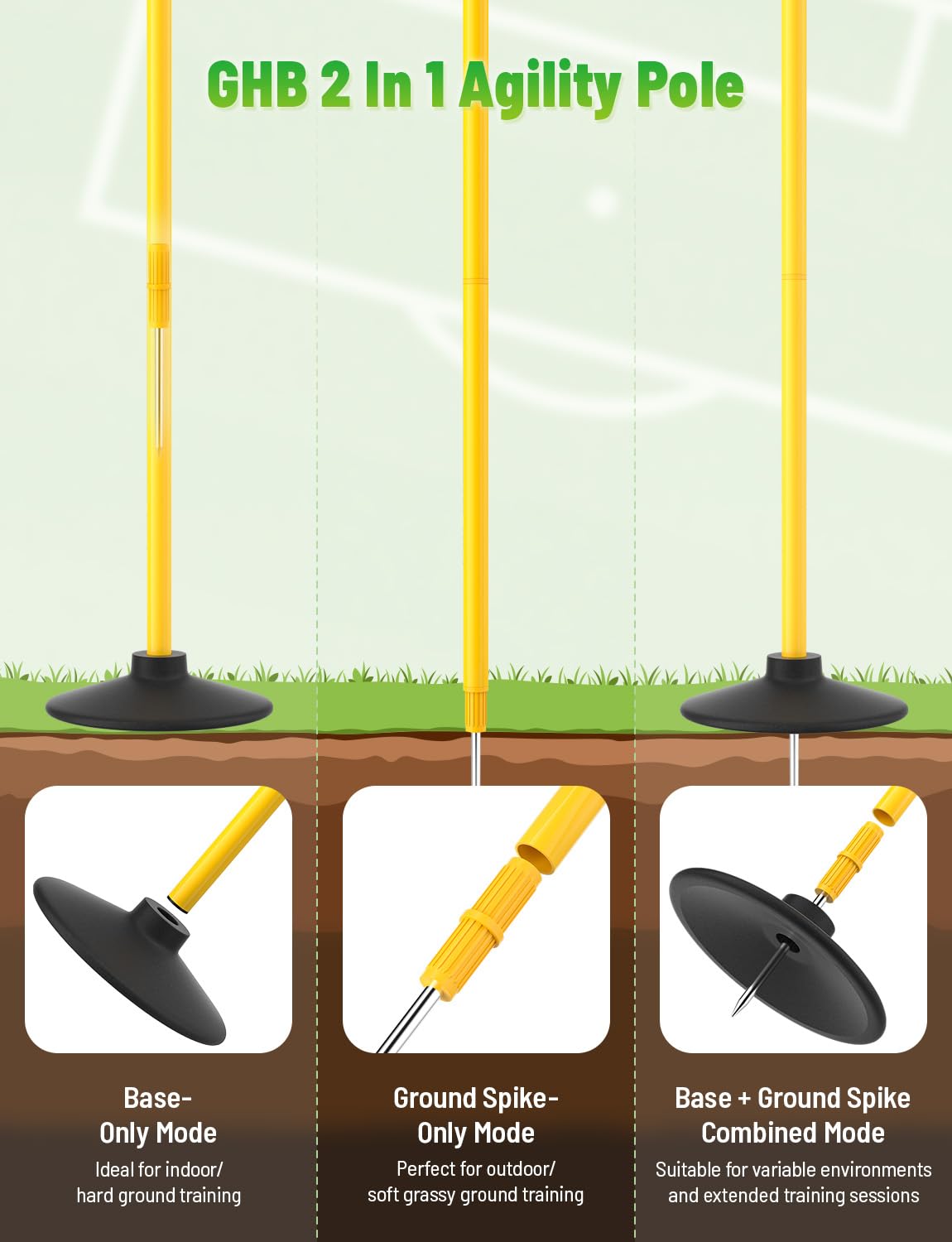 GHB Agility Poles 4 Pack 50" Sports Soccer Training Poles,Detachable Speed Training Equipment Football Accessories 2 in 1 Design Rubber Base and Spike