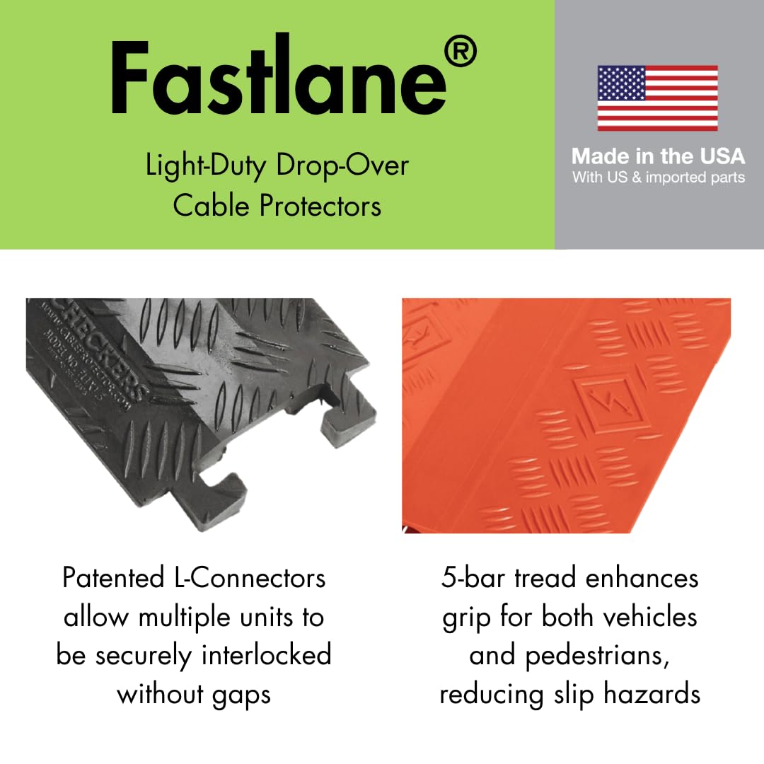 Checkers 1 Channel 3' Long Light Duty Drive Over Cable Protector for Multiple 1" Lines - Floor Cable Cover for Walkways and Driveways - Made in The USA from Durable Polyurethane - Orange - FL1X4-O