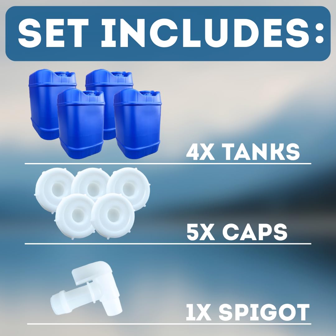 Aguaprep 5-Gallon Stackable Water Storage Containers, 5 Lids + 1 Spigot, Easy Fill, Survial Supply Emergency Water Storage for Camping and Disaster Preparedness, RV, 20 Gallon (4 Tanks)