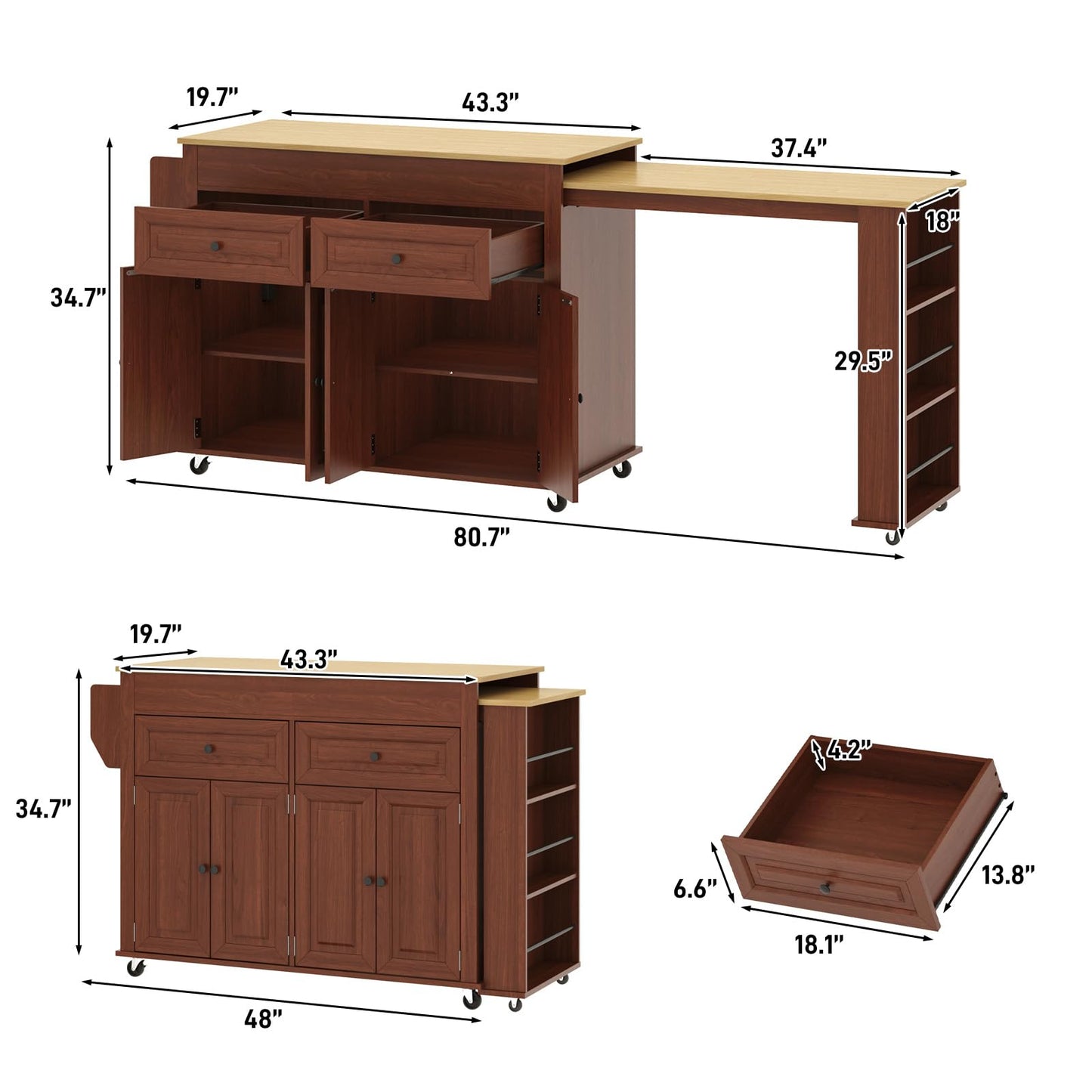 80"-48" Extendable Kitchen Island with Extended Dining Table and Power Outlet,Large Mobile Kitchen Storage Islands with 2 Storage Drawers,Rolling Islands Cart with 3 Extra Rows Open Shelves(Brown)
