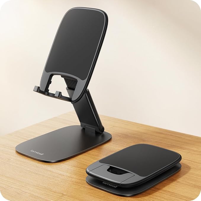 Lamicall Ultra-Thin Phone Stand for Desk, Foldable Cell Phone Holder Height Adjustable, Sturdy Weighted Base, Thick Case Friendly for Gaming Office, Fit iPhone 17 16 15 Pro Max, Galaxy S26, Switch