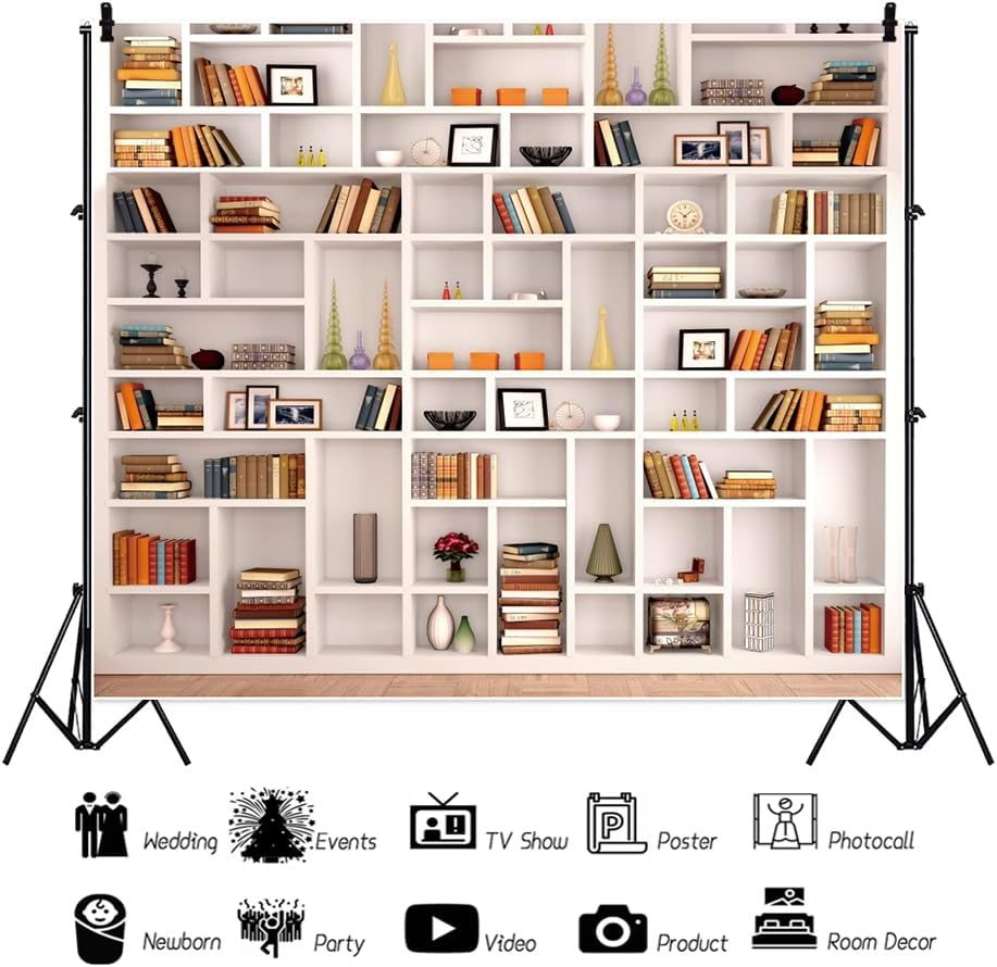 Leowefowa 10x8ft White Bookshelf Photography Backdrop Morden Library Bookcase Background Home Office Room Books Study
