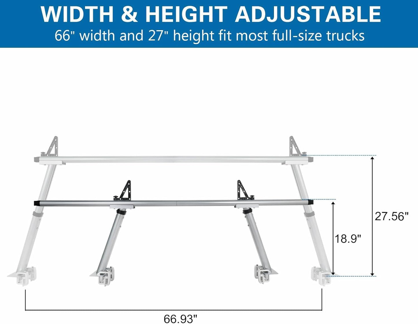 OUTPRIZE Non-Drilling Aluminum Truck Rack, Heavy Duty Width and Height Extendable Truck Bed Ladder Rack, Fit for Max 66" Wide Truck Bed, 600 lb. Capacity
