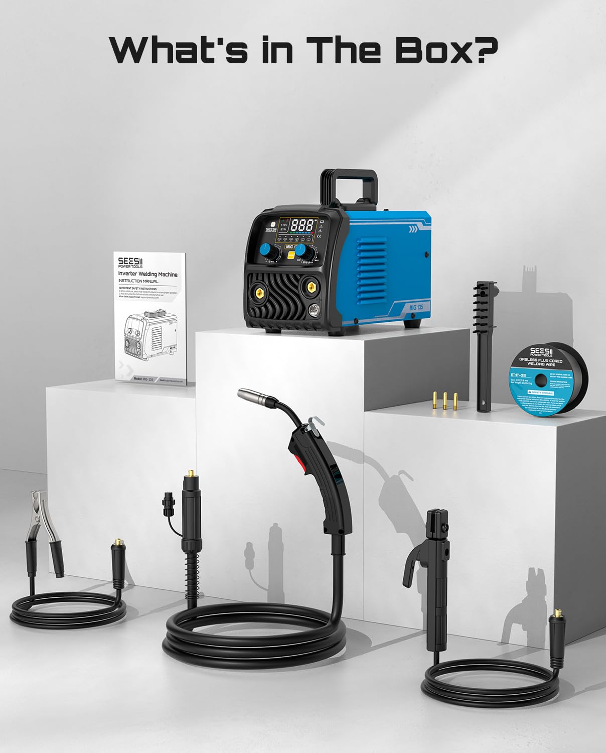 SEESII 135A MIG Welder 110V - 3-in-1 Gasless Flux Core/Lift TIG/Stick Welding Machine, 7.7lbs Portable IGBT Inverter, Large Digital Display Multi Process Welder