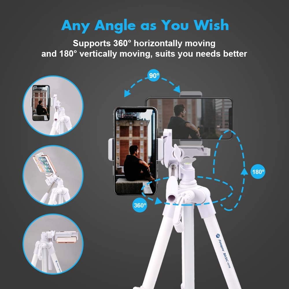 Fotopro 59'' 3-Way Camera Tripod, Portable Tripod for iPhone with Bluetooth Remote, Aluminum Video Camera Tripod