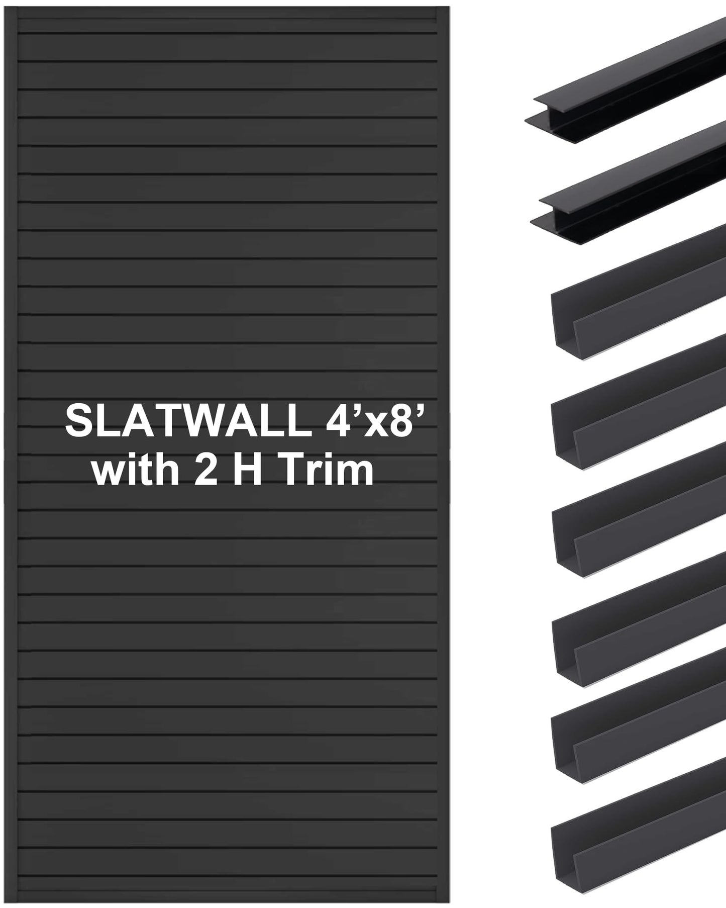 FRAYSCENT Slat Wall Paneling Garage Slat Wall Storage Systems Slatwall Panels Power Tool Organizer Wall Mount, PVC Garage Storage & Organization Products Slate Board (Black, 8ftx4ft with 2H Trim)