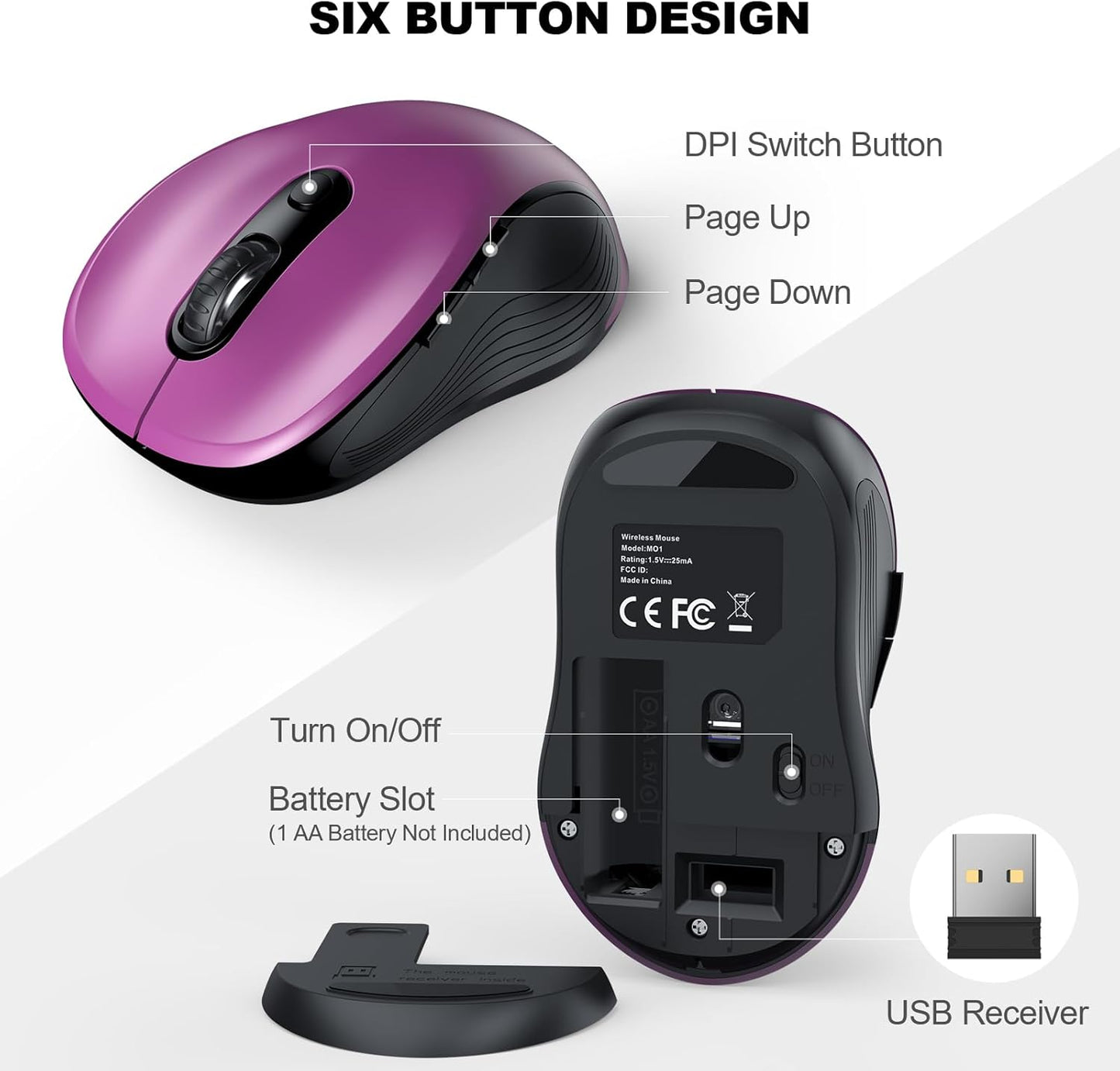 WisFox 2.4G 3 6 Wireless Mouse for Laptop, Ergonomic Computer Mouse with USB Receiver and Type-C Adapter, Adjustable