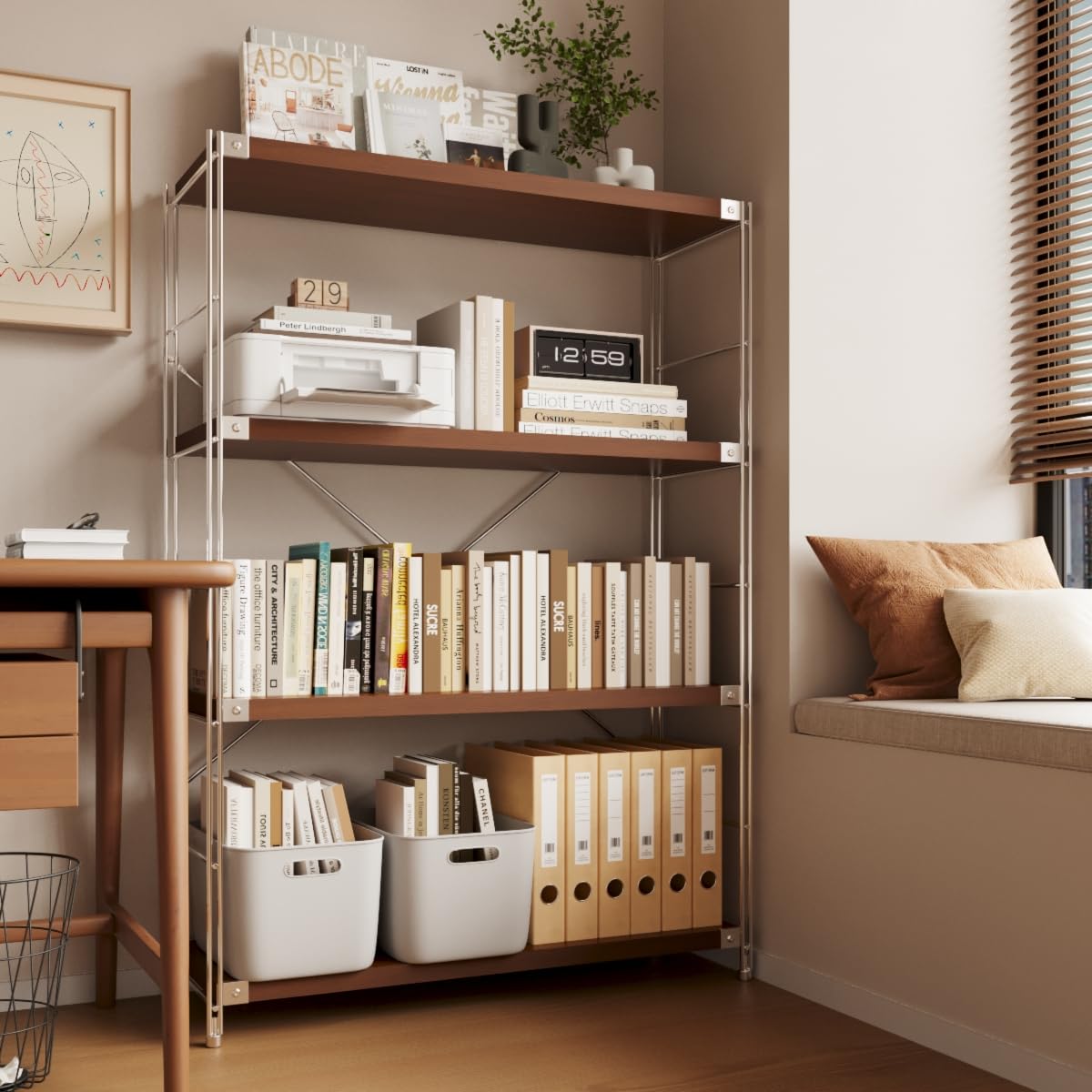 Achene 4-Tier Industrial Bookshelf, Storage Bookcase for Living Room, Bedroom, Office, Study Room,and Kitchen, 35.43"x11.81"x51.18" Inches(Dark Walnut, 4T36IN)
