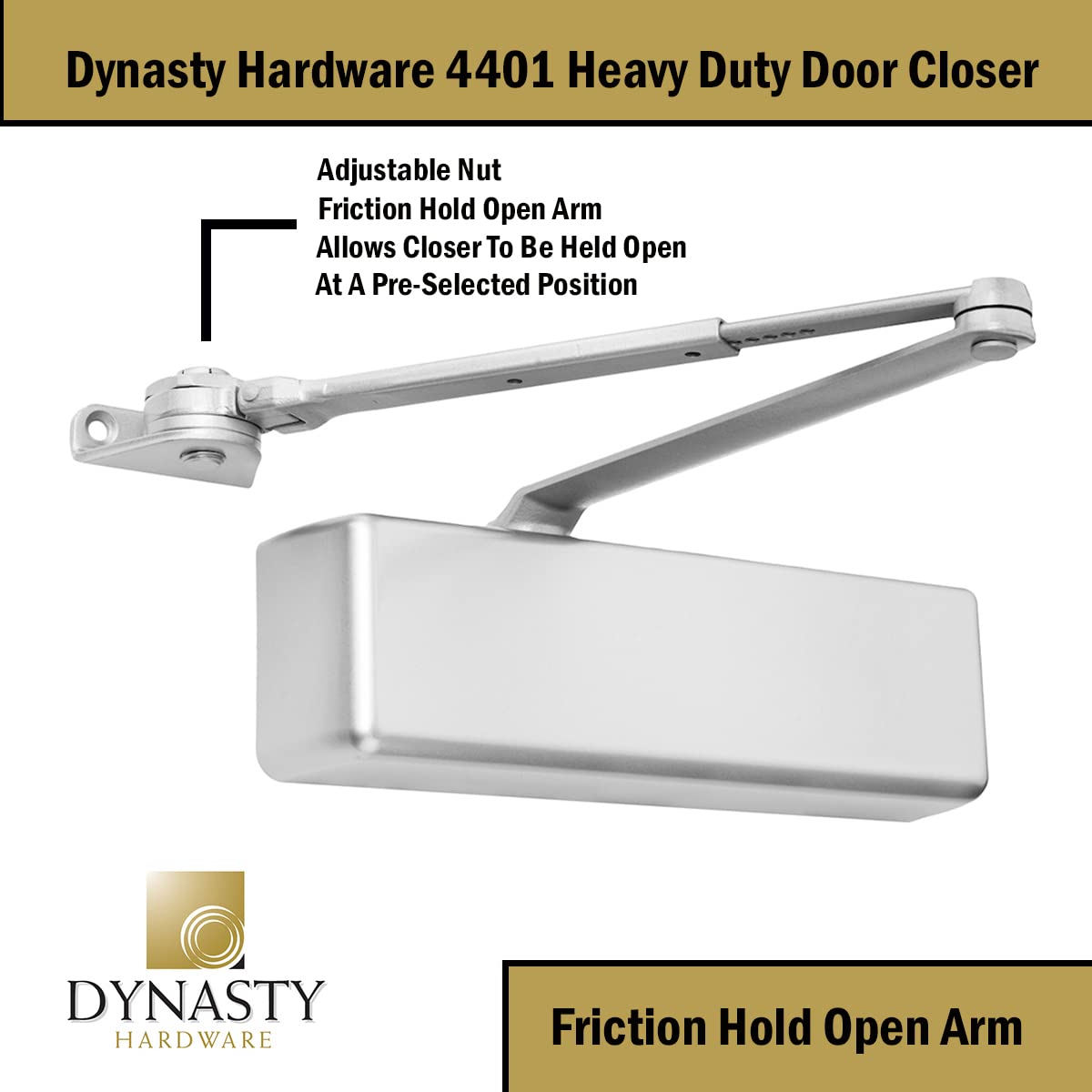 Dynasty Hardware Door Closer, Grade 1 Heavy Duty Commercial Hydraulic Closer & Hold Open Arm, Self-Closing, Adjustable Spring Size 1-6, ADA Compliant, Surface Mount, Sprayed Aluminum, Series 4401
