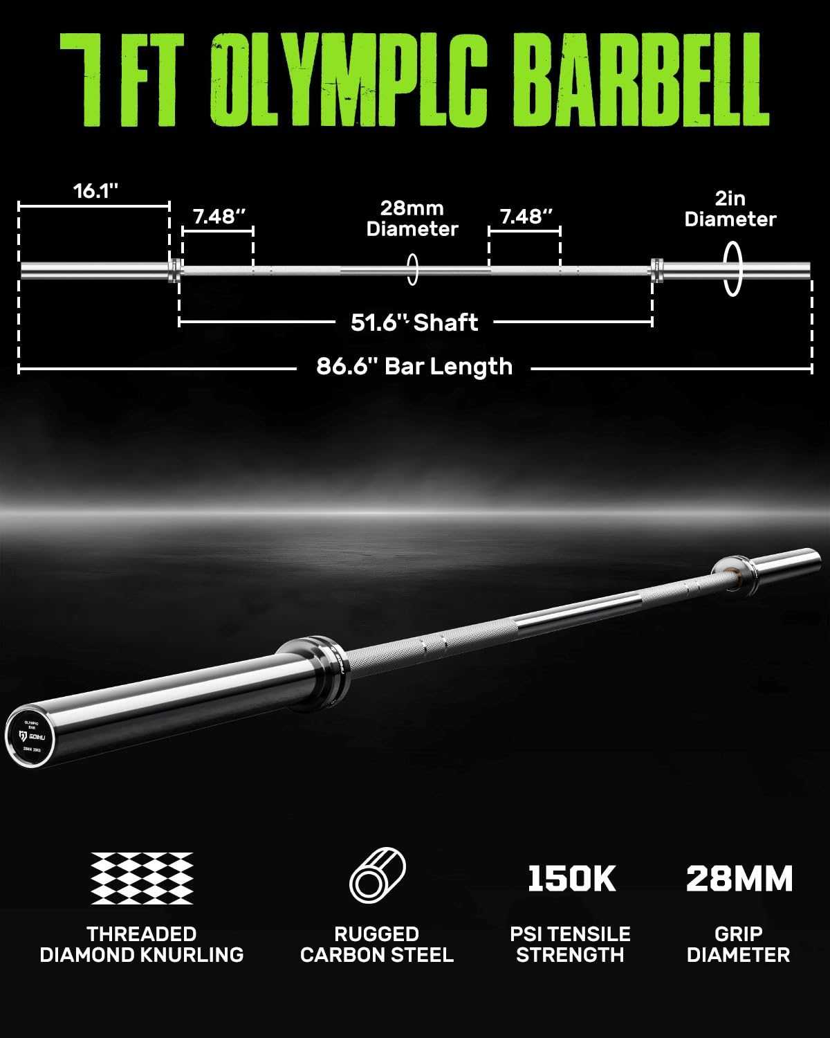 Goimu PB01 7FT Olympic Barbell, Weight Bar with Knurled Grip, 1500LB Capacity Strength Training Deadlift Bar for Squat, Weightlifting, Bench Press, Fits 2-inch Standard Weight Plates, Silver