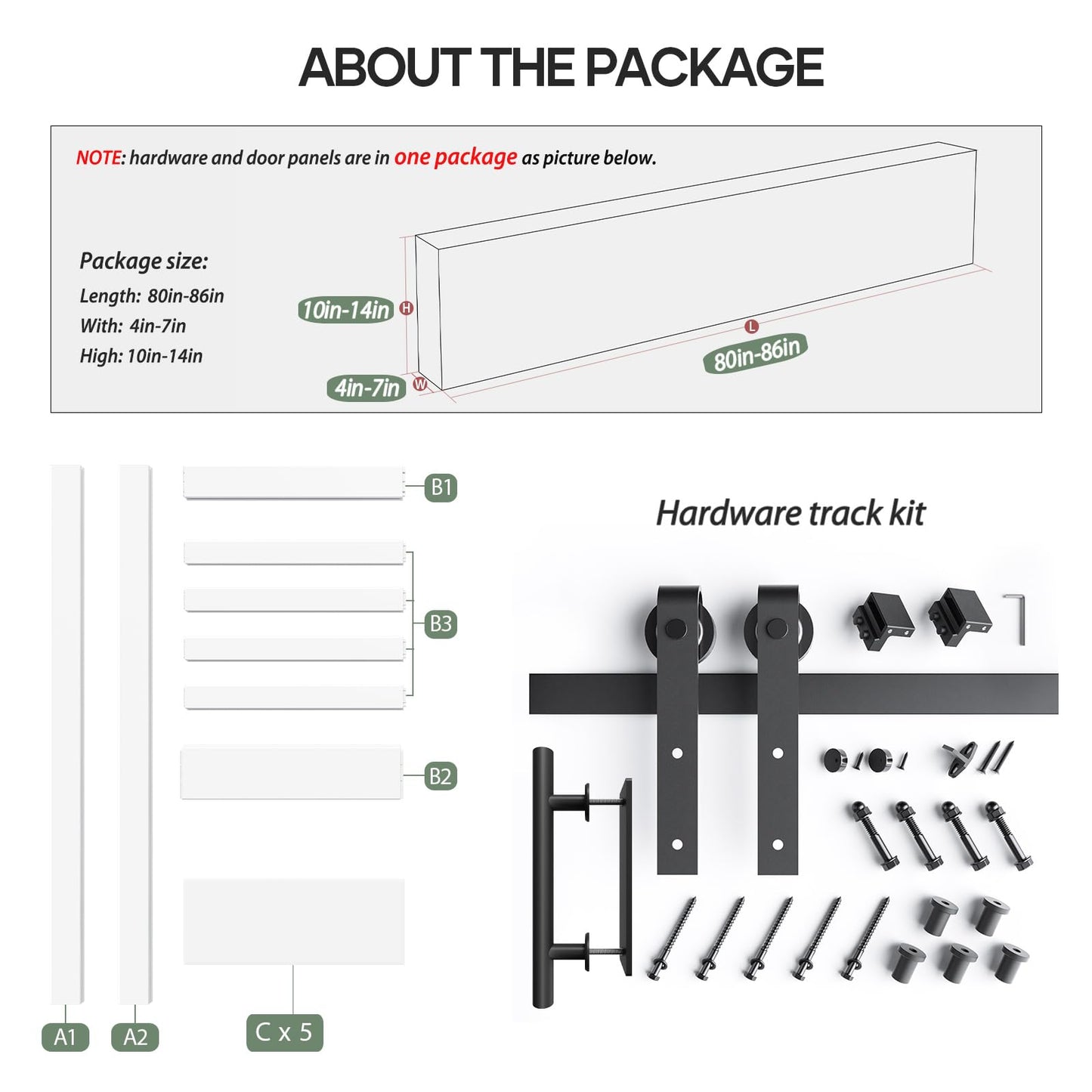 Fredbeck 48x80 inch White Barn Door with 8FT Sliding Barn Door Hardware Kit Included,DIY Assembly,Water-Proof,5-Panel，Fit 45in-47in Opening