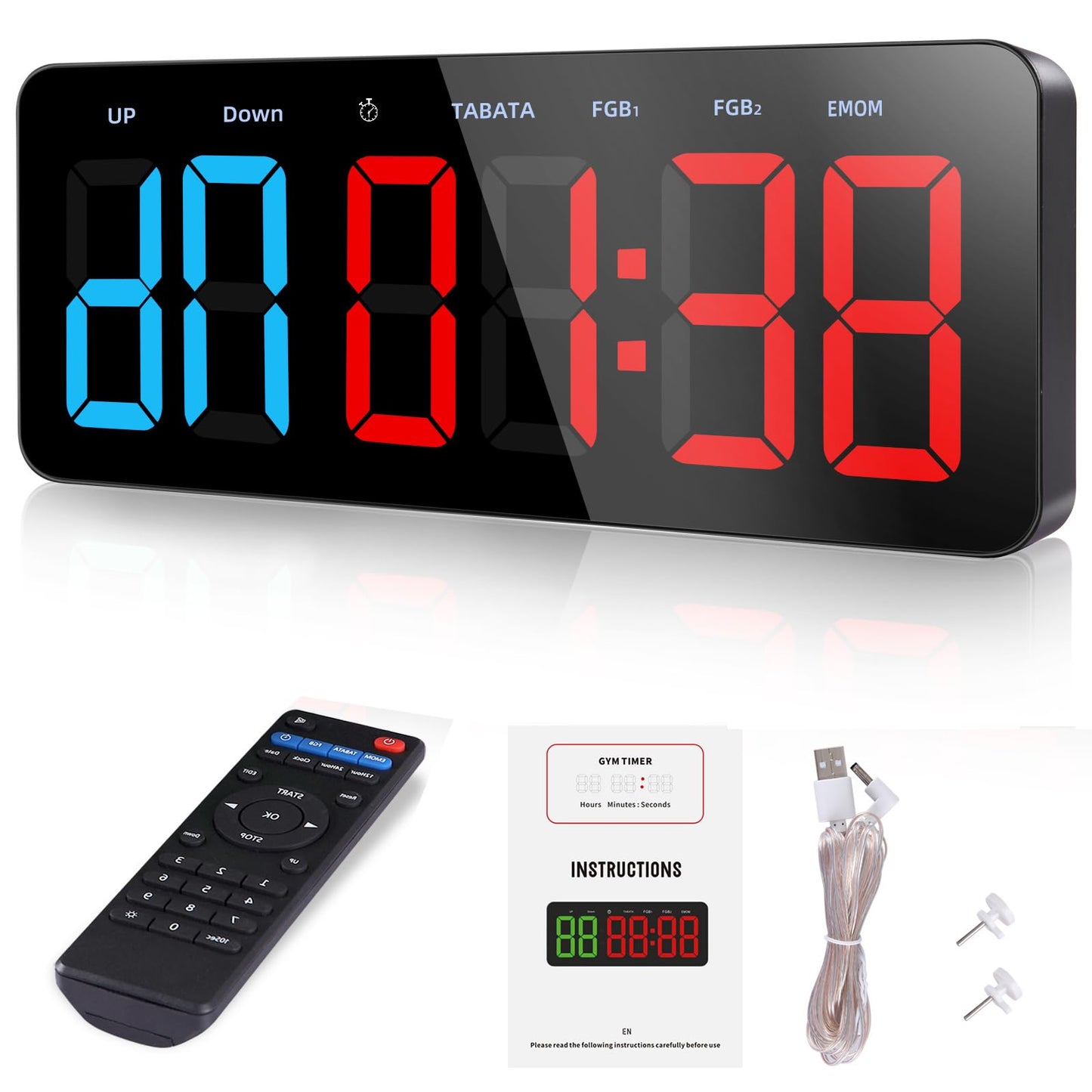 PELLOR Upgraded Gym Timer Clock for FBG/EMOM/Tabata, Interval Timer with Function Modes Display, Countdown/Up Stopwatch Clock for Sports,Home Gym,Yoga,Boxing,Garage,Office,Classroom