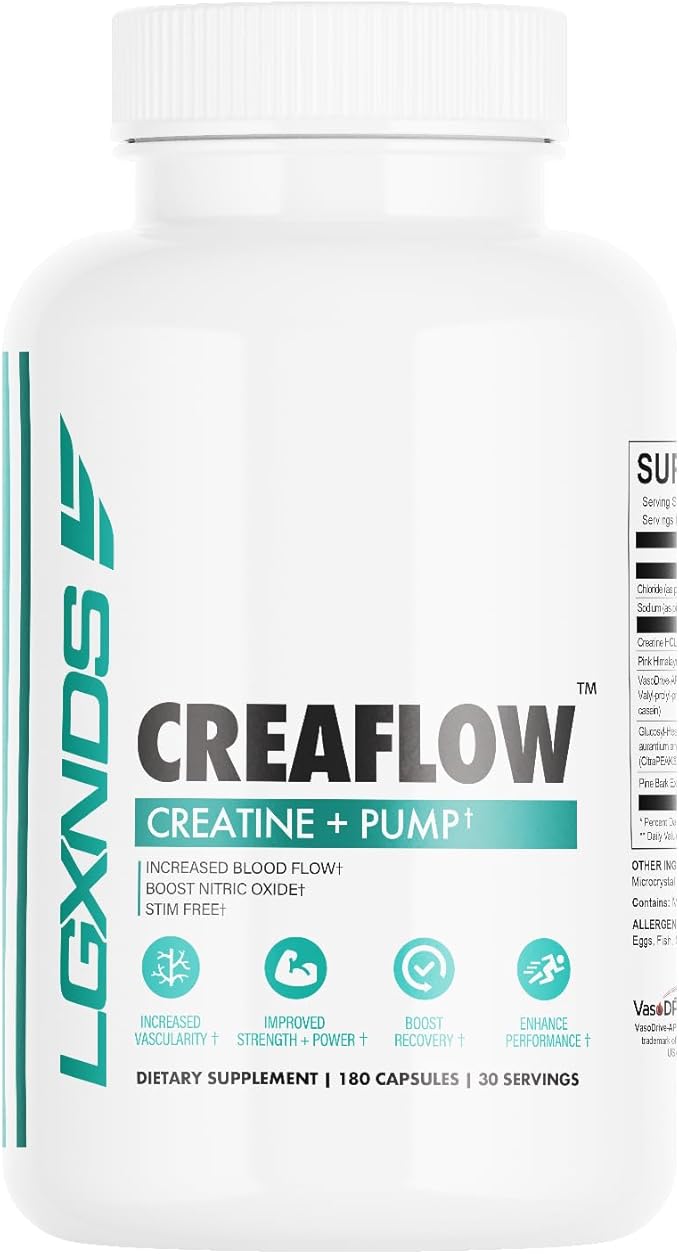 Creaflow Stim-Free Creatine Pills | Support Muscle Gain, Performance, Strength and Workout Recovery | Pre Workout Supplement for Men & Women | 180 Capsules, 30 Servings