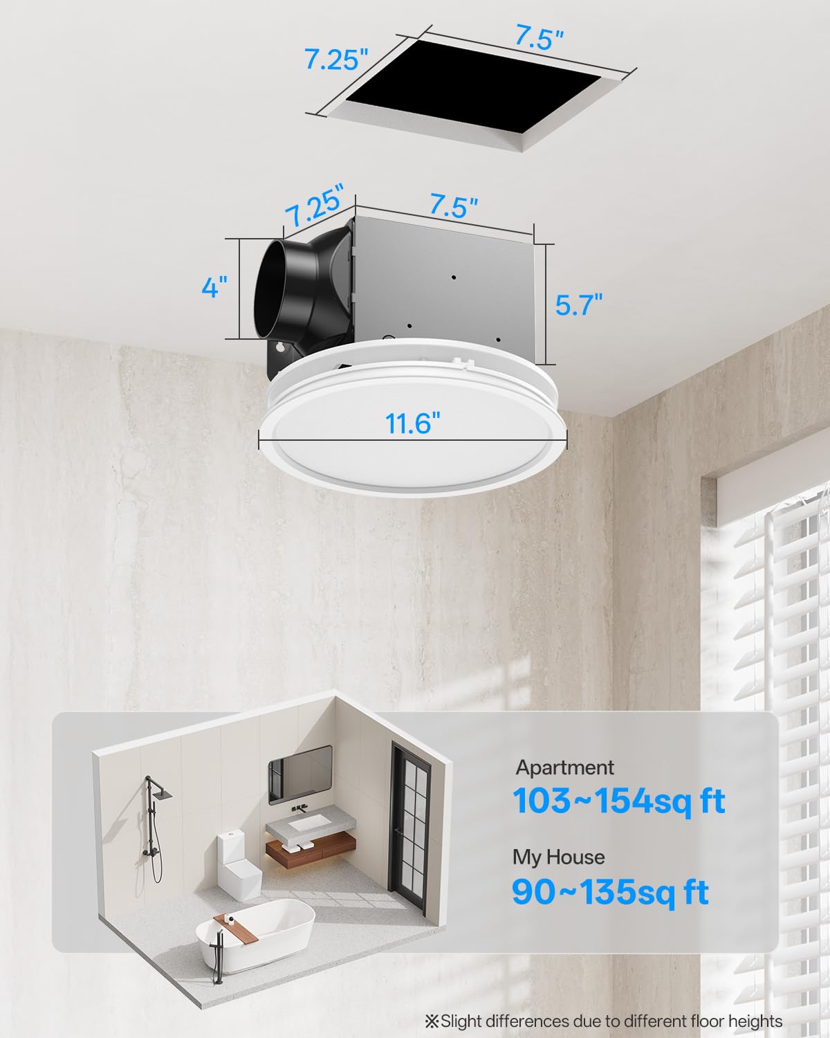Bathroom Exhaust Fan with RGB Lights, 110CFM/1.0 Sones Vent Fan with 3 Color Temperatures, 5 Adjustable Brightness, Easy to Install, Remote Control, Quiet Ventilation Fan for Bath, Shower, Attic