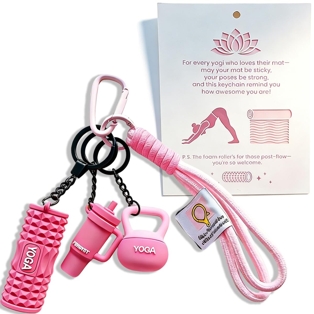 Pomelo Life Yoga Lover Wristlet Keychain - Bag Charms with Foam Roller, Kettlebell and Tumbler, Gift for Yogi Women & Fitness Enthusiasts (Pink)