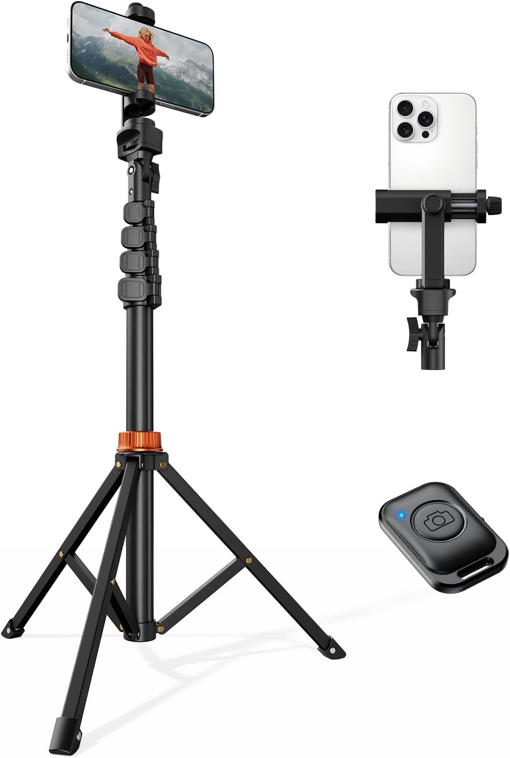 Vimose 66" Phone Tripod, Tripod for iPhone with Remote & Phone Stand, Extendable Cell Phone Tripod for Video Recording
