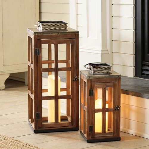 DECORKEY Rustic Wooden Metal Lantern Set of 2 - 28''/20'' H Decorative Indoor & Outdoor Candle Holders
