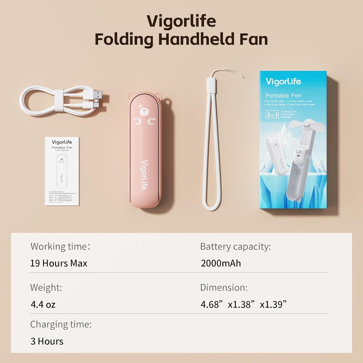 Skiennix Mini Handheld Fan - USB Rechargeable 3-in-1 Personal Cooler with Power Bank & LED Flashlight | Portable Pink Travel Essential