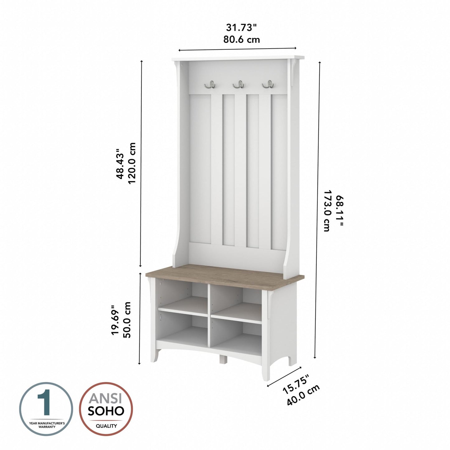 Bush Home Salinas Hall Tree with Shoe Storage Bench in Shiplap Gray and Pure White, Multi-Purpose Home Organizer, Entryway Solution with Seating and Hooks