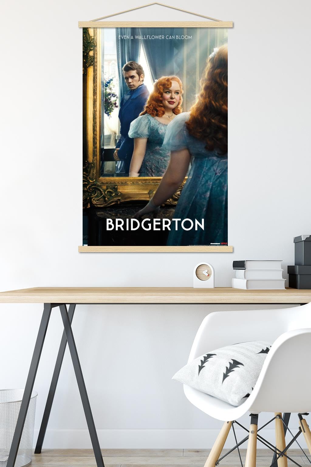 Trends International Netflix Bridgerton: Season 3 - Penelope and Colin One Sheet Wall Poster with Magnetic Frame, 22.37" x 34.00", Premium Print and Beechwood Hanger Bundle
