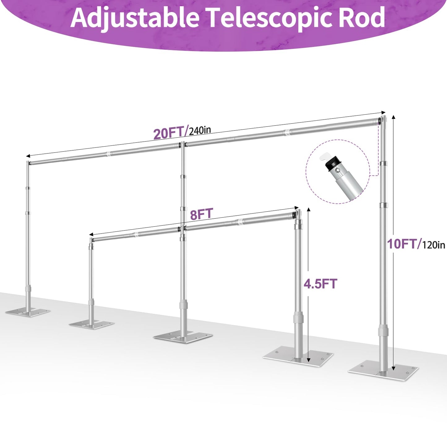 Fotoumgl 10x20 Pipe and Drape Stand Kit, Heavy Duty Backdrop Stand Adjustable, Sturdy Metal Back Drop Decoration Frame with Flat Base for Parties, Flower Wall, Wedding, Event,Trade Shows, Photo Shoot