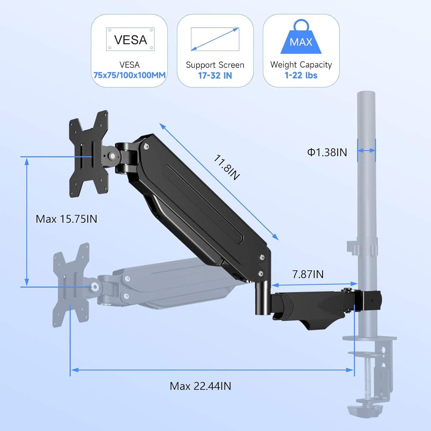 35MM 13-32Inches, 22.0 lbs, 75-100mm MD8411DB Pholiten Single Monitor Arm, Gas Type Display Arm, Double Articulated