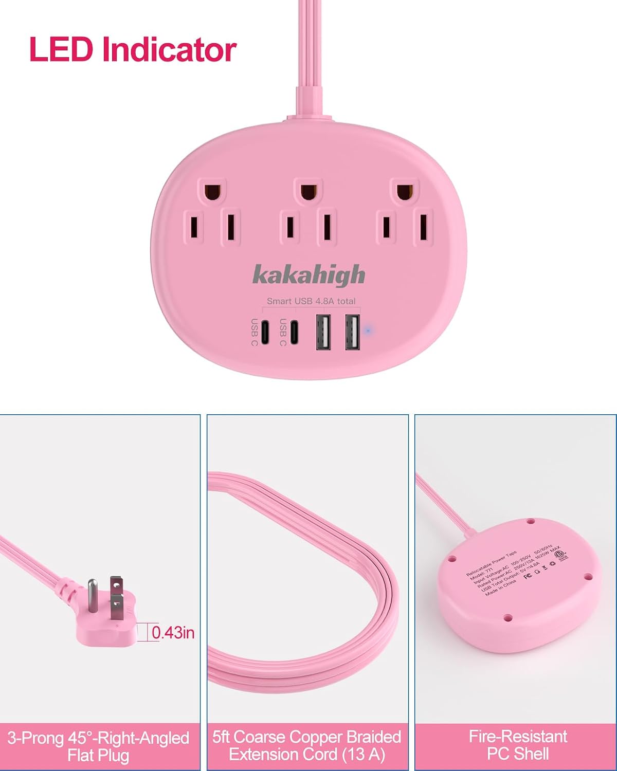 kakahigh 1080J 5 1625W 3 4 (24W/4.8A), Pink Extension Cord with Surge Protected - FT Kawaii Power Strip, Cute Extension
