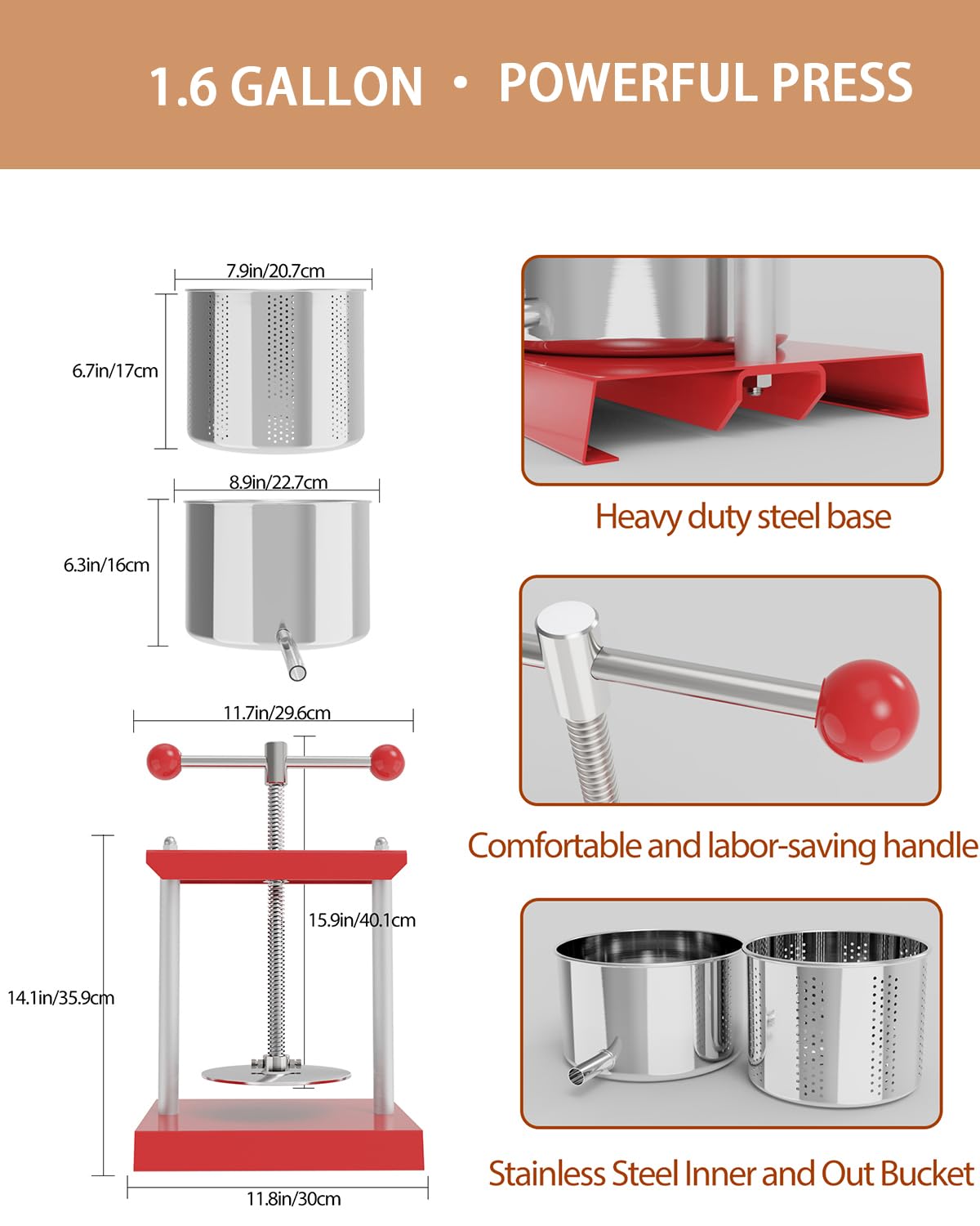 EJWOX 1.6 Gallon Manual Press - Professional Stainless Steel Fruit & Vegetable Squeezer with Filter Bag - Large 6L Capacity for Honey, Cheese, & Plant Infusions - Heavy Duty Top-Handle Juice Extractor