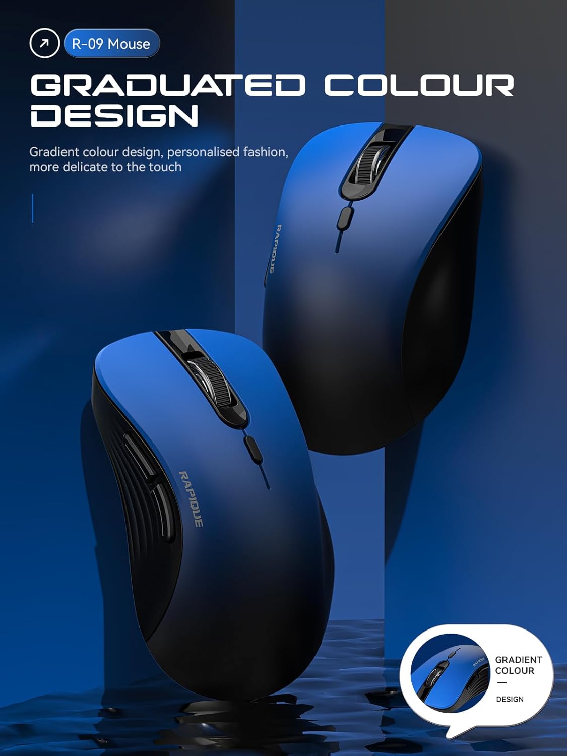 RAPIQUE 2.4 Bluetooth Wireless Mouse - Dual Bluetooth & GHz USB Receiver, Comfortable Grip, Quiet Clicks, Low Power