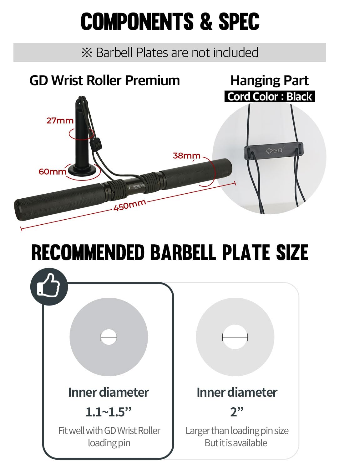 GD Hanging Wrist Roller Forearm Blaster- Forearm Strengthener Exercise Equipment Wrist Trainer for Muscle building and Injury prevention Hand Grip Strength (Hanging Wrist Roller Premium(Rope : Black))