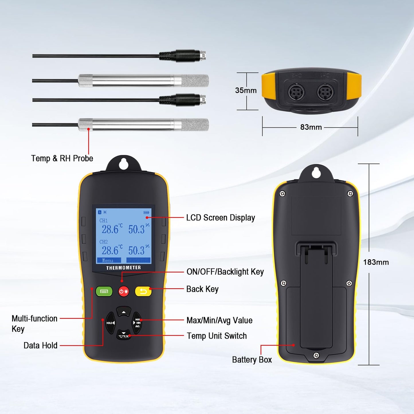Tzone Temperature and Humidity Data Logger USB with Probe,Dual Channel Temp Humidity Recorder with Data Report, Digital Industrial Thermometer Recording Handheld RH Logger for Greenhouse Freezer Lab