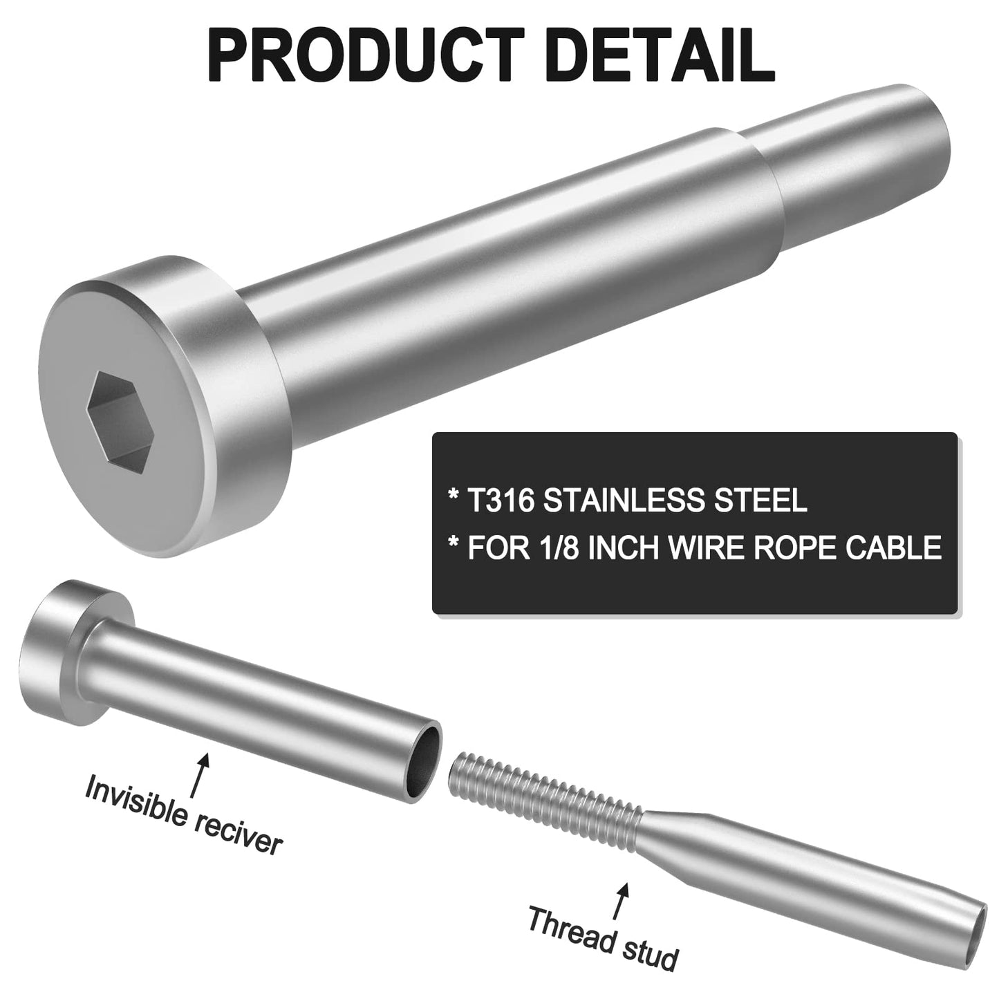 BLIKA 60 Pack 3/16" Invisible Cable Railing Kit, Stainless Steel Invisible Receiver and Swage Stud End, Cable Railing Tensioner 3/16" for 2"x2", 4"x4" Wood/Metal Posts, 3/16" Cable Railing Hardware