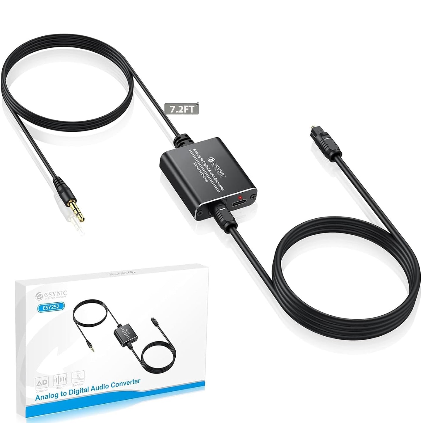3.5 mm Setup-7ft eSynic Portable to Optical Audio Cable Converter-Aluminum Alloy Housing-Easy to Long Analog to Digital