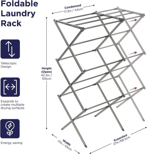 BLACK+DECKER 3-Tier Expandable Laundry Rack - Space-Saving, Heavy-Duty Metal Drying Rack (Silver)