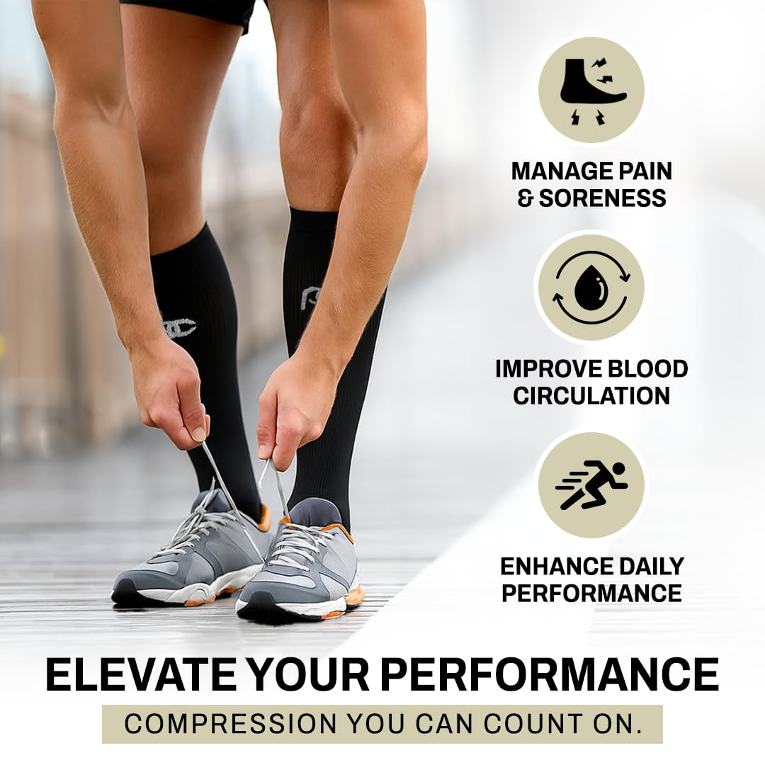 PRO Compression Running Marathon Socks - Calf-Length Travel and Sports Compression Socks for Foot and Ankle Support - Black Unisex (Large/X-Large)