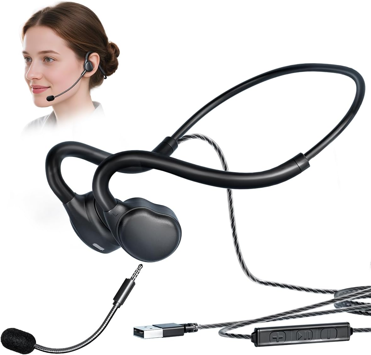 QOEKUEY Headset Headset USB with Mic for Call Center & Office Use - Open Ear Headphones for All-Day Comfort, Computer