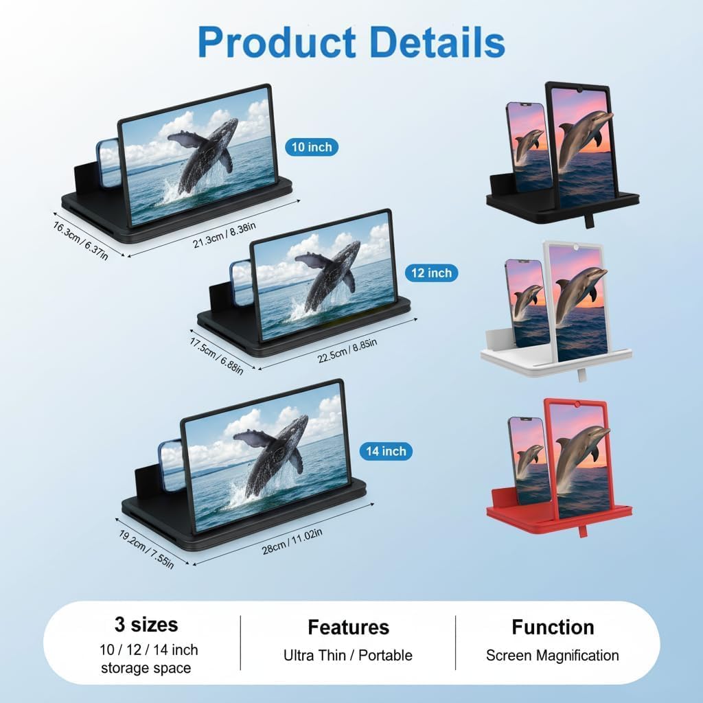 AIPULL 3X 12 Screen Magnifier for Cell Phone, Acrylic Phone Screen Enlarger with Adjustable Stand, Foldable Hands-Free