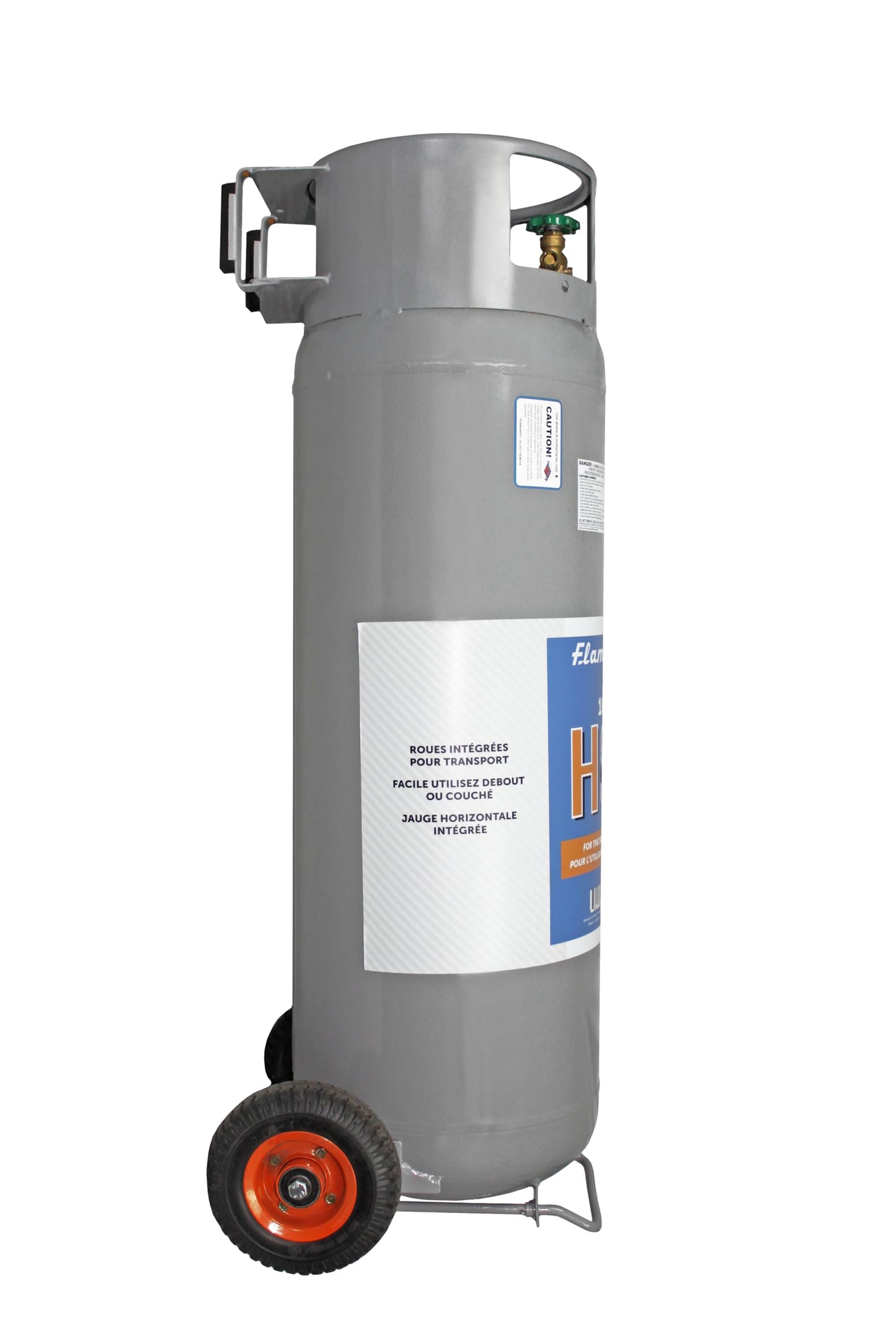 Flame King 100LB Empty Propane Tank with Wheels, Horizontal & Vertical LP Cylinder with Built-in Gauge for Fire Tables, Fire Pits, Patio Heaters, Barbeques, Lunch Trucks, Weed Torches & Truck Campers
