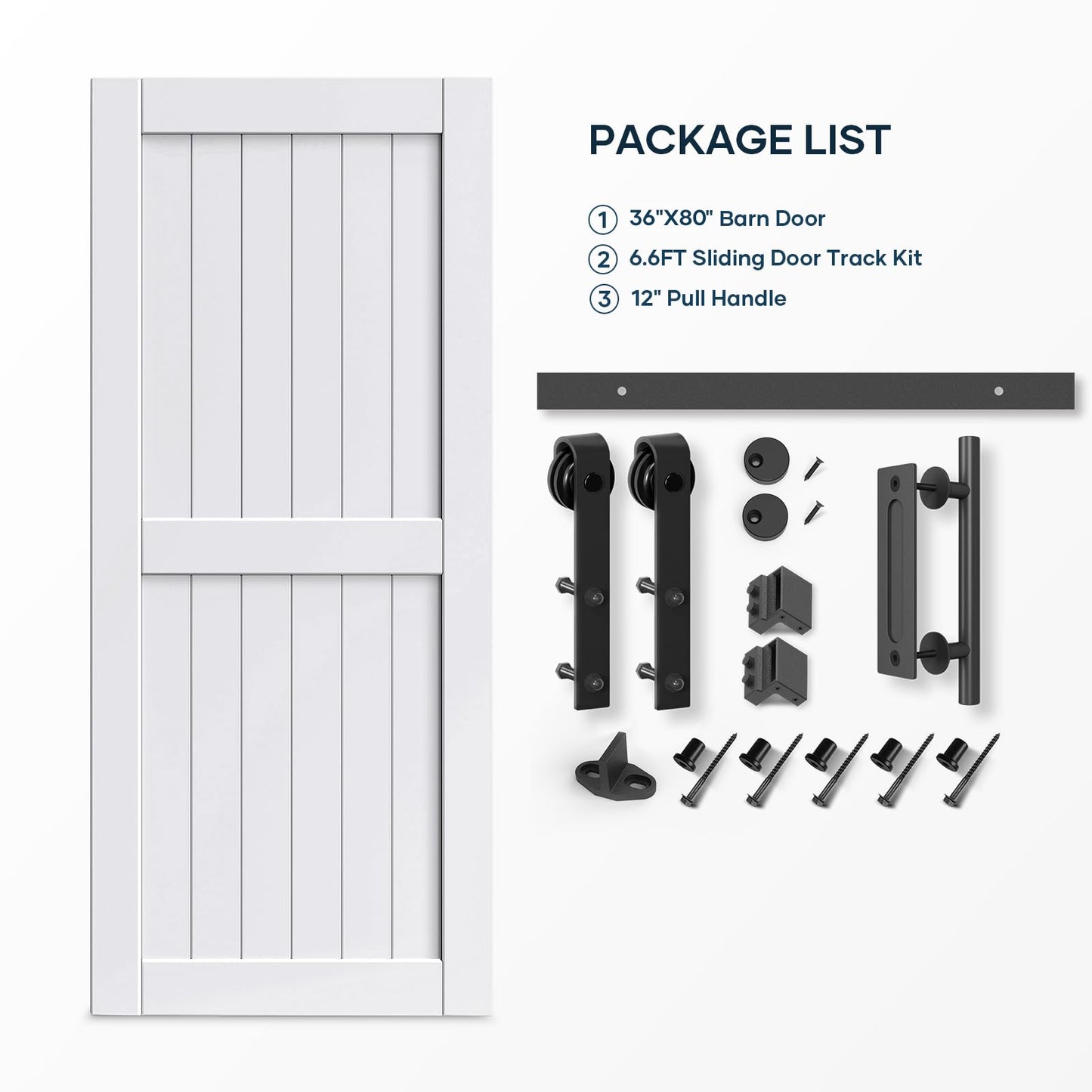 EaseLife 36 x 80 inch White Barn Door with 6.6FT Sliding Door Hardware Kit Included & Handle,Solid Wood Covered with Waterproof PVC Surface,DIY Assemblely,Easy Install,H-Frame,Fit 32-34in Wide Opening